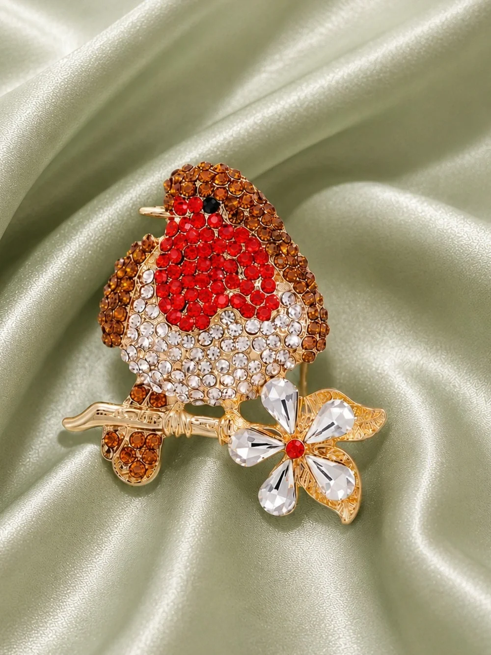 Crystal Robin Bird Floral Brooch